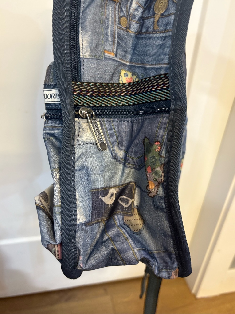 LeSportsac Denim Patch Print Backpack in Blue with Cosmetic Pouch Bag Like New - Picture 6 of 10